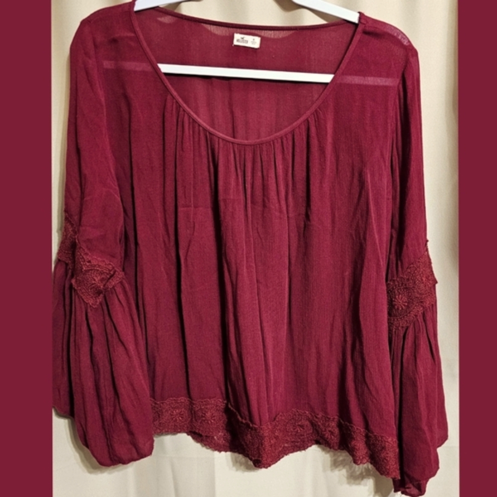 Hollister Deep Red Boho Lace Trim Blouse